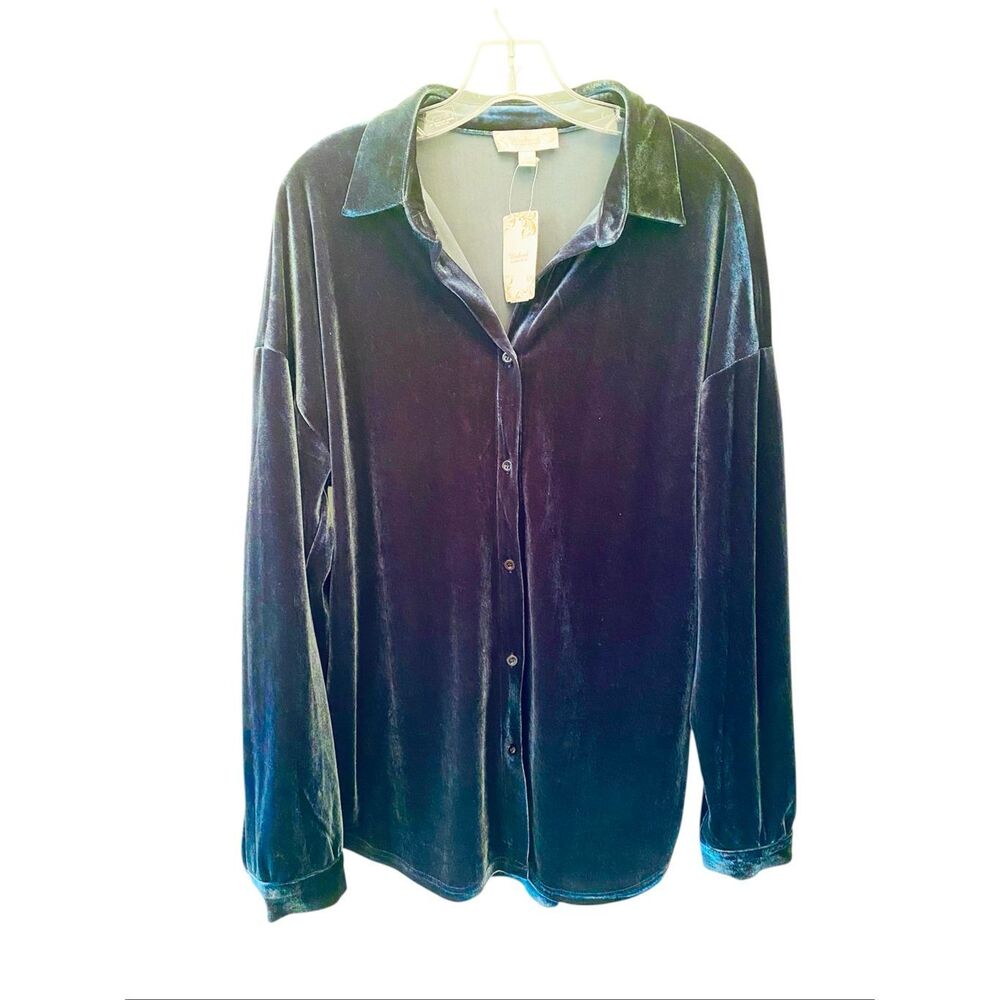 Weekend By Suzanne Betro Blue Velvet Button Down Shirt Sz L NWT